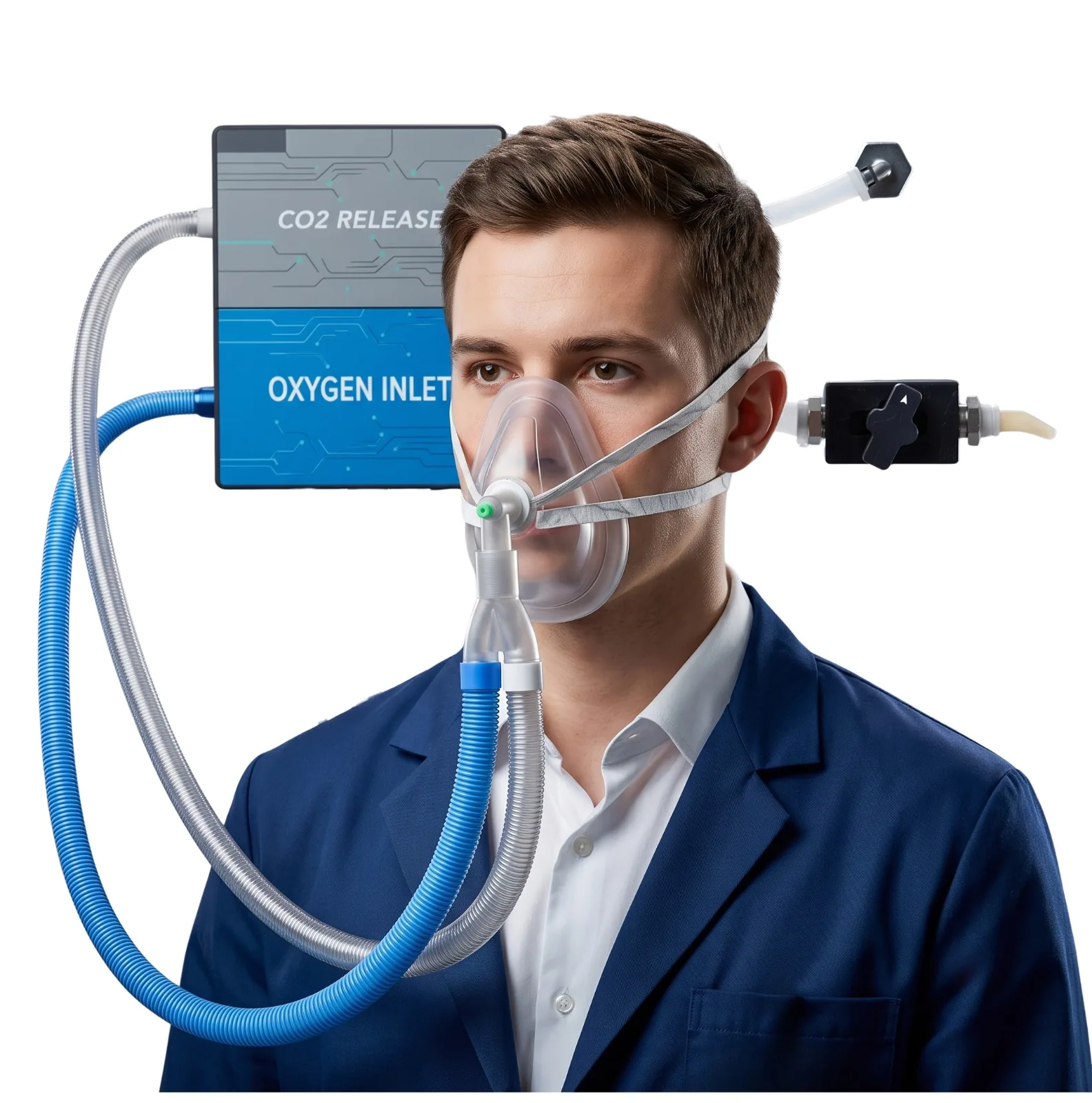 A man wearing the 44D BIBS oxygen facemask with head straps, connected by a blue oxygen inlet hose and a silver CO2 release hose to a control unit, illustrating the built-in breathing system's supply and exhaust design