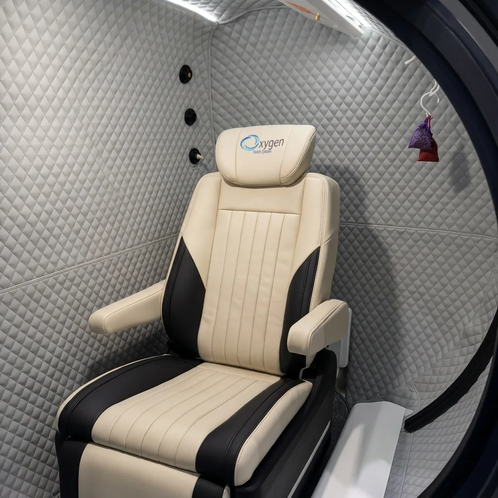 Interior of the 44D Walk-In cabin showing a cream and black quilted leather reclining seat with the Oxygen Health Systems logo, surrounded by diamond-quilted grey sound-absorbing lining