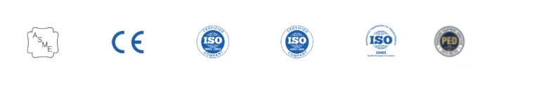Certification badges: ASME, CE, ISO 9001:2015, ISO 14001:2015, ISO 13485, and PED