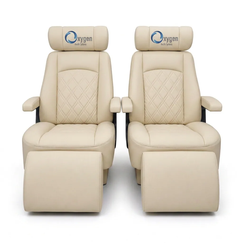 Cream quilted leather reclining chairs with extended footrests