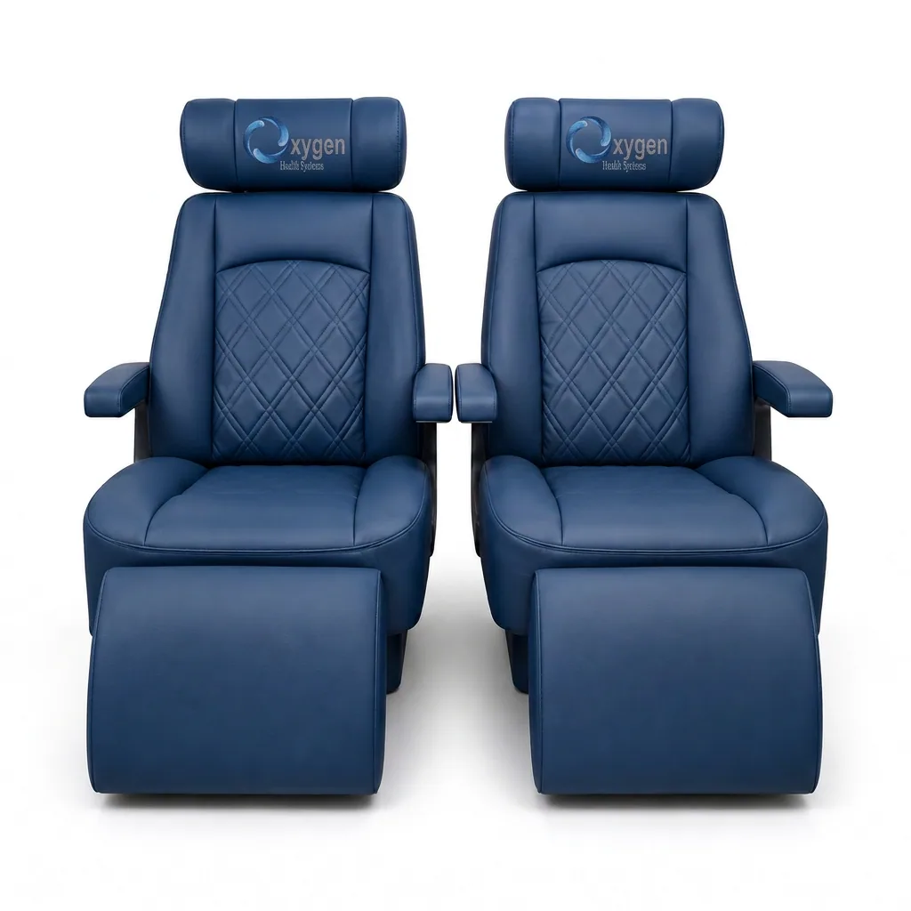 Navy Blue quilted leather reclining chairs with extended footrests