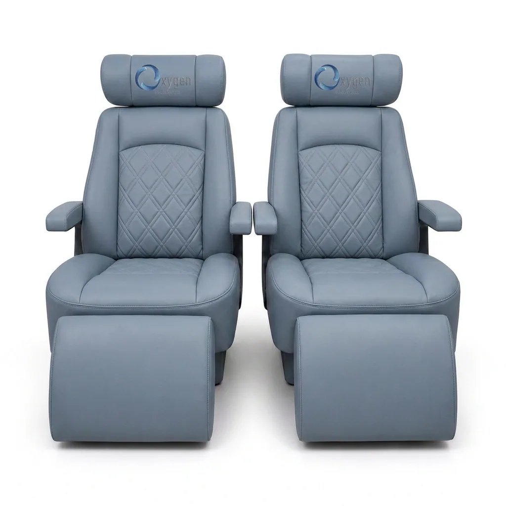 Powder Gray quilted leather reclining chairs with extended footrests