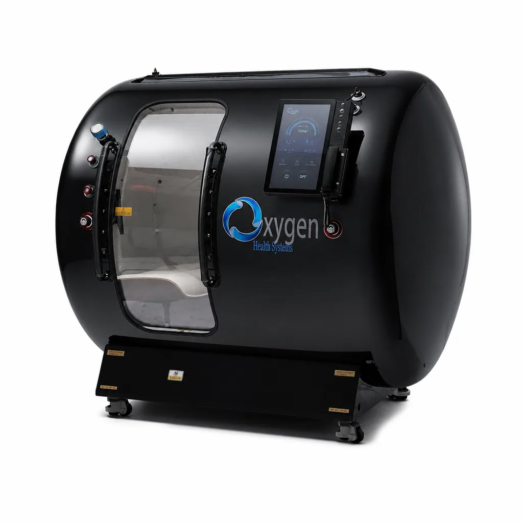 44D Walk-In hyperbaric chamber in glossy black with sliding glass door revealing a cream interior seat, touchscreen control panel, Oxygen Health Systems branding, and mobile caster base