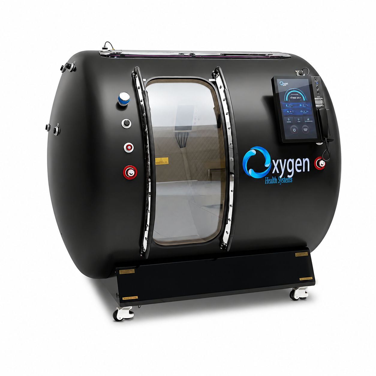 44D Walk-In hyperbaric chamber in matte black with chrome-trimmed sliding glass door, touchscreen control panel, Oxygen Health Systems branding, and mobile caster base