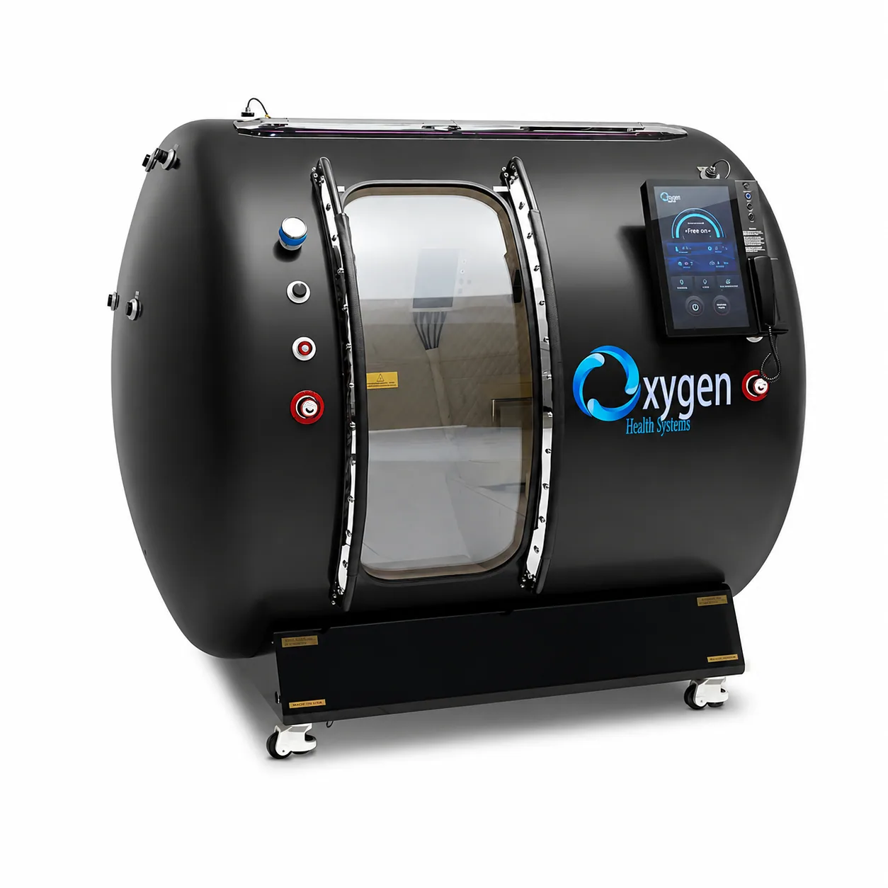 44D Walk-In hyperbaric chamber in matte black with chrome-trimmed sliding glass door, touchscreen control panel, Oxygen Health Systems branding, and mobile caster base