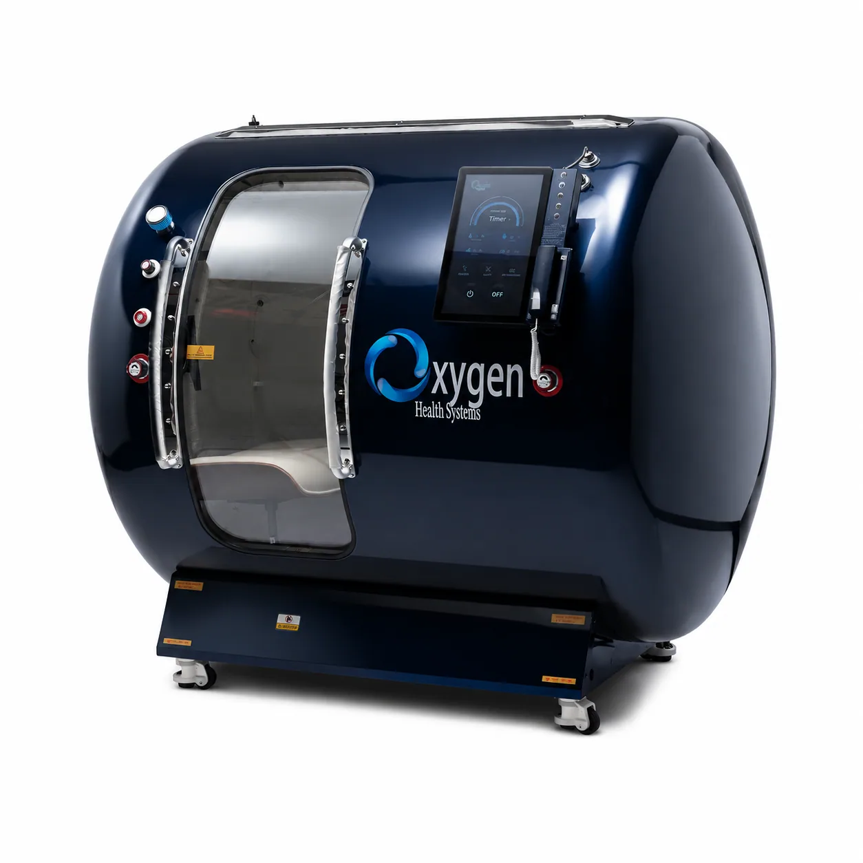 44D Walk-In hyperbaric chamber in glossy navy blue with sliding glass door revealing a cream interior seat, touchscreen control panel, Oxygen Health Systems branding, and mobile caster base