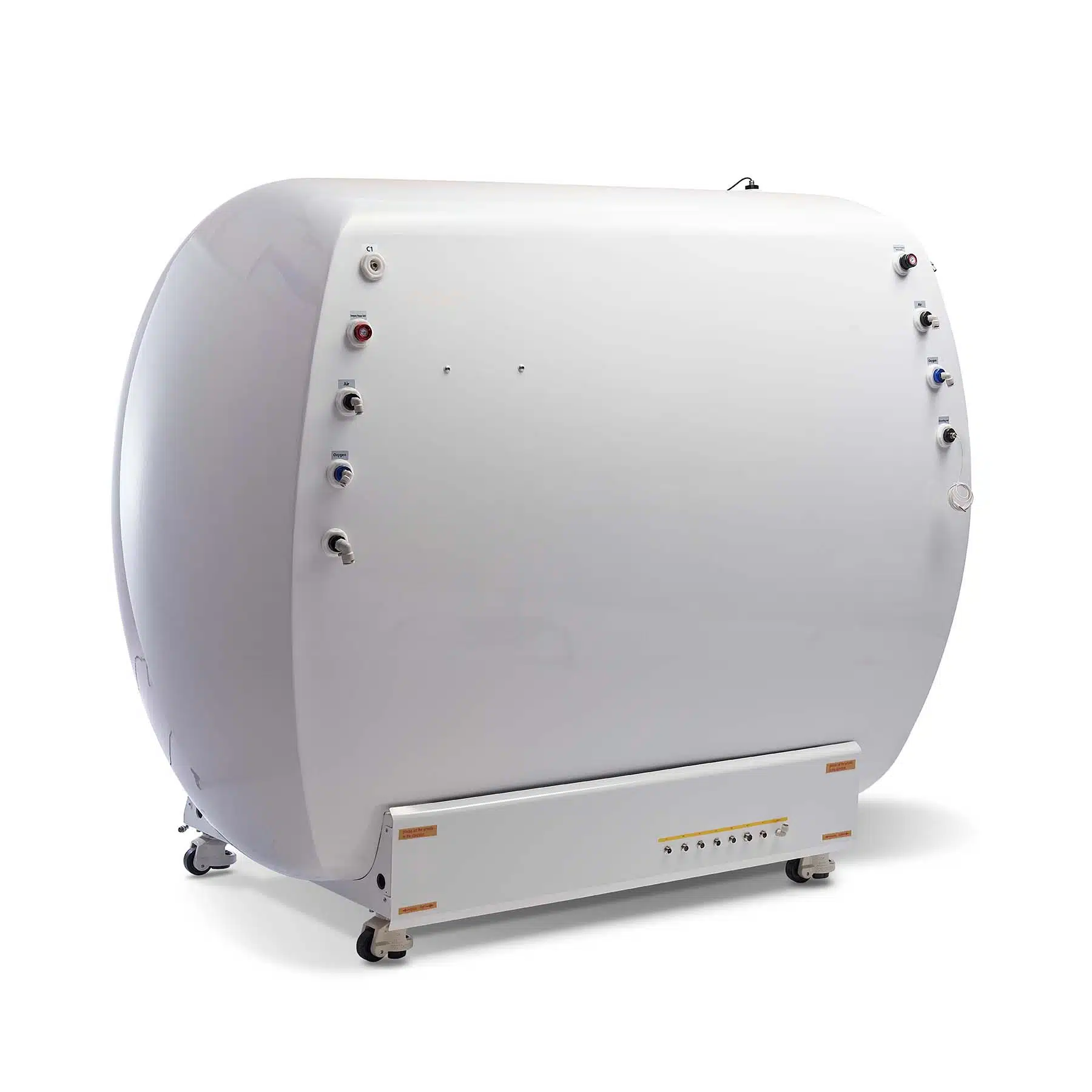 Rear three-quarter view of the 44D Walk-In hyperbaric chamber in glossy white showing the labeled Air, Oxygen, and C1 gas connection ports, smooth back shell, and mobile caster base