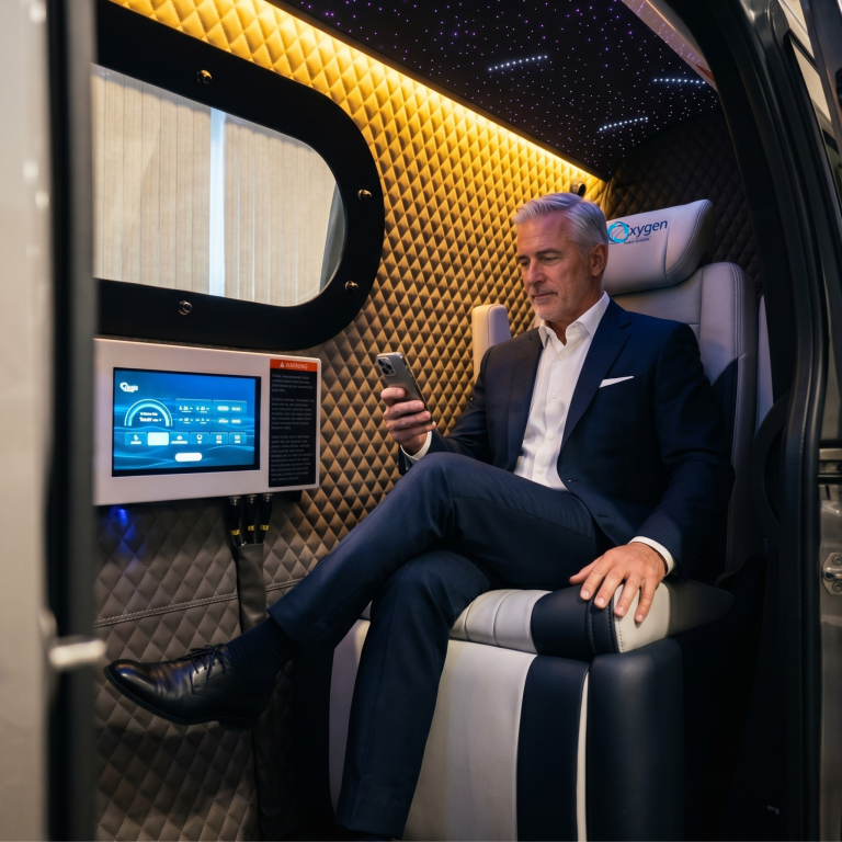 A man relaxing on his phone inside the spacious 44D Walk-In cabin with a reclining seat, touchscreen control panel, oval window, and ambient starlight ceiling